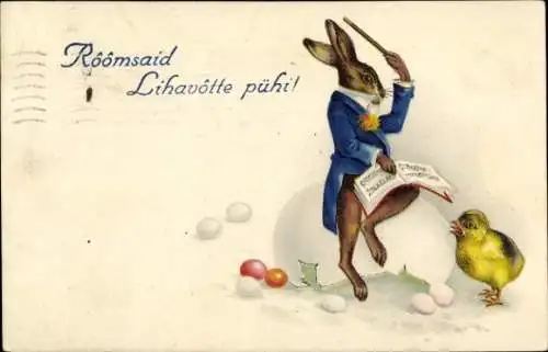 Ak Glückwunsch Ostern, Osterhase als Dirigent, Singendes Küken, Ostereier