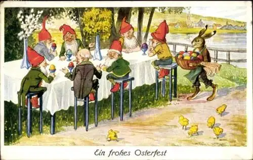 Ak Glückwunsch Ostern, Osterfest, Zwerge am Tisch, Osterhase mit Ostereiern