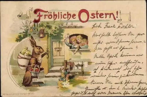 Ak Glückwunsch Ostern, Osterhase, Rucksack aus Osterei, Küken, Ostereier