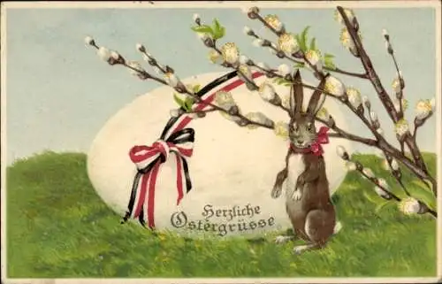 Ak Glückwunsch, Ostern, Osterhase, Weidenkätzchen, In Reichsfarben verpacktes Ostereier