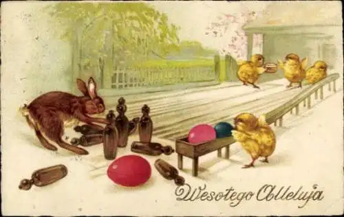 Präge Ak Glückwunsch Ostern, Küken und Osterhase spielen Bowling