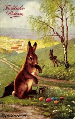 Künstler Ak Hildebrandt, F., Glückwunsch Ostern, Osterhase bemalt Eier, Birke