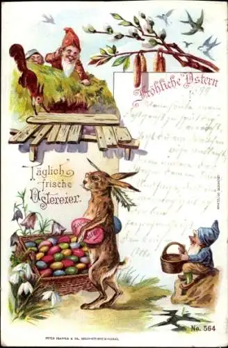 Litho Glückwunsch Ostern, Ostereierkorb, Osterhase als Maler, Zwerge