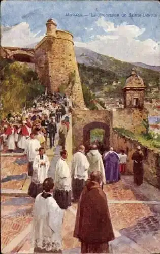 Künstler Ak Monaco, vue générale de la Procession de Sainte Dévote