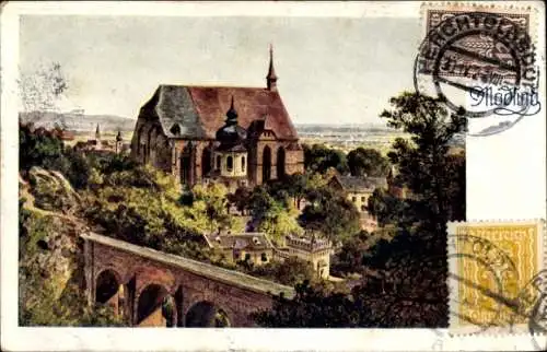 Künstler Ak Mödling in Niederösterreich, Panorama vom Ort, Wappen Dt. Schulverein 1880