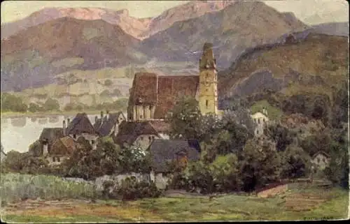 Künstler Ak Lach, F., Spitz Niederösterreich, Blick auf den Ort, Kirche, Berge, Nibelungenweg