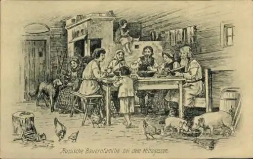 Künstler Ak Russland, Russische Bauernfamilie beim Mittagessen, Hund, Schweine, Hühner