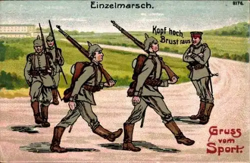 Litho Gruß vom Sport, Einzelmarsch, Kopf hoch, Brust raus, Bruno Bürger 8176