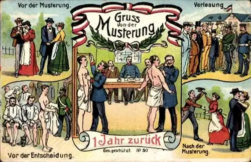 Litho Gruß von der Musterung, Landsturm, Entscheidung, Verlesung