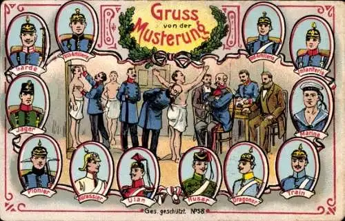 Litho Gruß von der Musterung, Husar, Ulan, Marine, Train, Dragoner, Jäger, Pionier, Garde