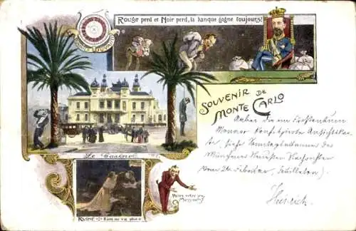 Litho Monte Carlo Monaco, Fürst Albert I, Roulette, Kasino, Teufel, Karikatur