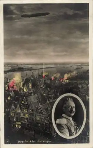 Ak Antwerpen Anvers Flandern, Deutscher Zeppelin, Luftangriff, Kaiser Wilhelm II., NPG 4905