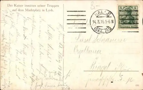 Künstler Ak Ełk Lyck Masuren Ostpreußen, Kaiser Wilhelm II., Inmitten seiner Truppen, Marktplatz