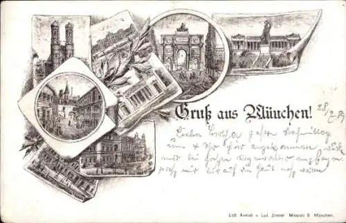 Litho München, Teilansichten der Stadt, Frauenkirche, Bavaria, Ruhmeshalle