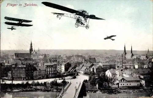 Ak Zwickau in Sachsen, Gesamtansicht, Flugzeuge, Flugpioniere