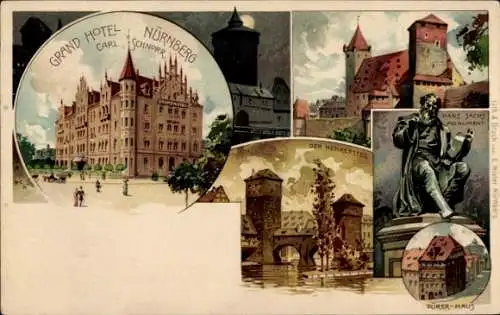 Litho Nürnberg in Mittelfranken Bayern, Grand Hotel, Henkersteg, Hans-Sachs-Monument, Dürerhaus