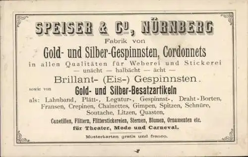 Ak Nürnberg in Mittelfranken, Speiser & Co, Fabrik von Gold und Silber-Gespinnsten