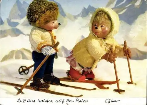 Ak Mecki der Igel, Übung macht den Meister, Igelkinder, Ski