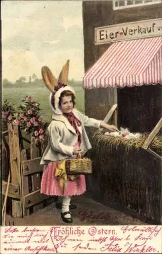 Ak Fröhliche Ostern, Eierverkauf, Kostüm mit Osterohren