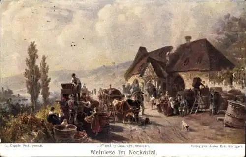 Künstler Ak Kappis, A., Weinlese im Neckartal, Rinderfuhrwerk, Bottiche, Weingut