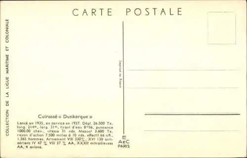 Künstler Ak Französisches Kriegsschiff, Cuirassé Dunkerque