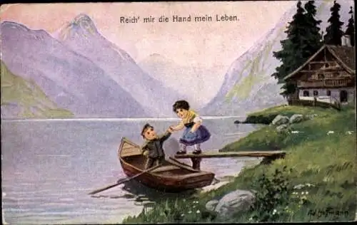 Künstler Ak Hoffmann, Ad., Soldat mit Frau, Ruderboot, Uferpartie, Berge, Soldatenliebe, Kitsch