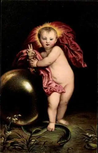 Künstler Ak van Dyck, Jesusknabe, auf die Schlange tretend