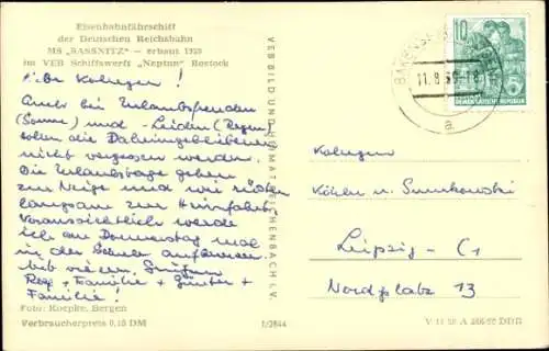 Ak Eisenbahnfährschiff der Deutschen Reichsbahn, MS Sassnitz, VEB Neptun