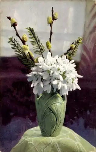 Ak Photochromie, Blumenvase mit Schneeglöckchen und Weidenkätzchen