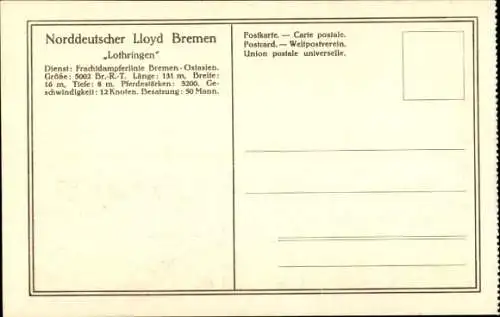 Ak Norddeutscher Lloyd Bremen, Frachtdampfer Lothringen, Dienst Bremen - Ostasien