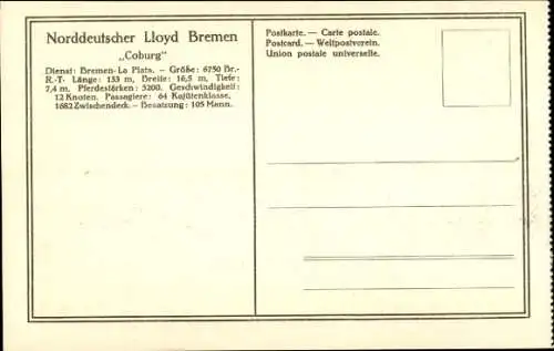 Ak Passagier- und Frachtdampfer Coburg, Norddeutscher Lloyd Bremen