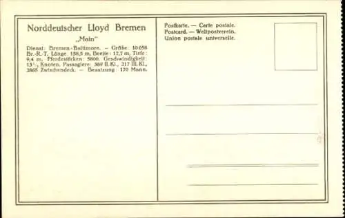 Ak Passagier- und Frachtdampfer Main, Dienst Bremen - Baltimore, Norddeutscher Lloyd Bremen