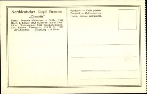 Ak Passagier- und Frachtdampfer Chemnitz, Dienst Bremen - Galveston, Norddeutscher Lloyd Bremen