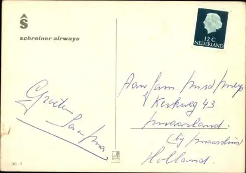 Ak Niederländisches Passagierflugzeug Schreiner Airways, DC-7