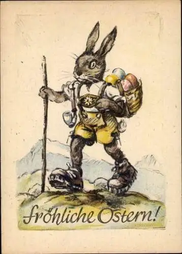 Ak Glückwunsch Ostern, Vermenschlichter Osterhase mit Ostereiern, Lederhose