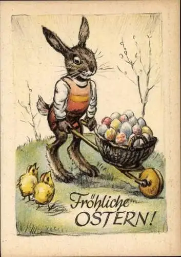 Ak Glückwunsch Ostern, Vermenschlichter Osterhase mit Ostereiern, Schubkarre, Küken