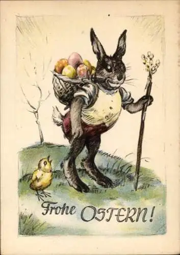 Ak Glückwunsch Ostern, Vermenschlichter Osterhase mit Ostereiern, Küken