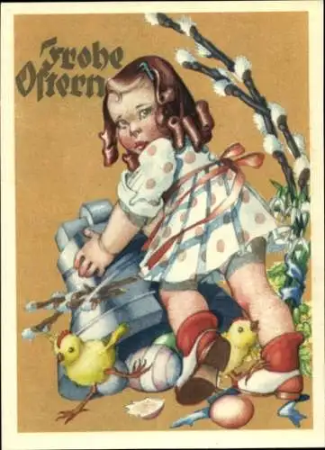 Ak Glückwunsch Ostern, Mädchen mit Ostereiern und Weidenkätzchen, Küken, Glocke