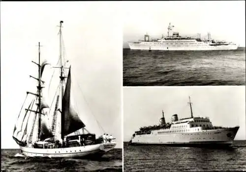 Ak Segelschulschiff Wilhelm Pieck, Urlauberschiff GTMS Fritz Heckert, Fährschiff Sassnitz