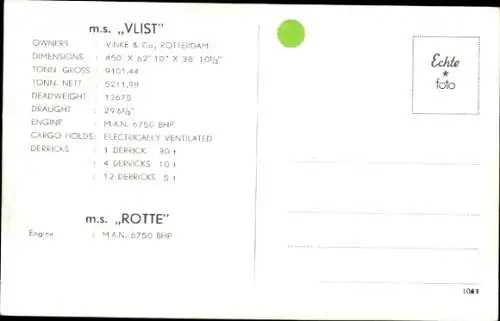 Ak Dampfer MS Vlist, Vinke und Co. Rotterdam auf See