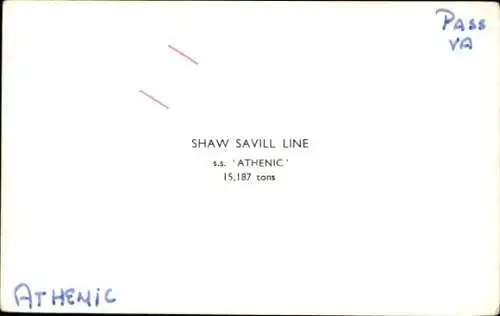 Ak Dampfschiff SS Athenic, Shaw Savill Line