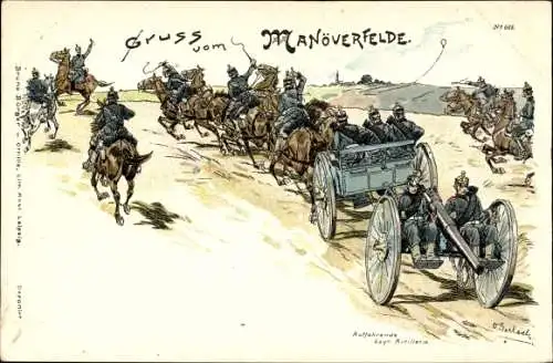 Künstler Litho Gerlach, Auffahrende bayrische Artillerie im Manöver