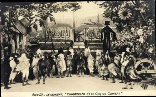 Ak Chantecler Acte III, Chantecler et le Coq de Combat, Hühner, Kampf, Duell, Theaterszene