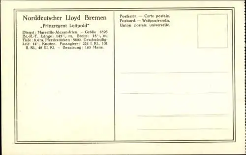 Ak Norddeutscher Lloyd Bremen, Salondampfer Prinzregent Luitpold