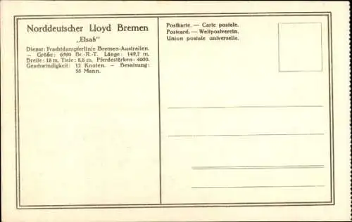 Ak Frachtdampfer Elsass, Linie Bremen - Australien, Norddeutscher Lloyd Bremen