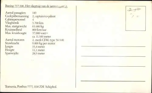 Ak Niederländisches Passagierflugzeug, Boeing 737 300, Transavia