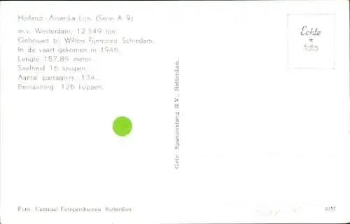 Ak Dampfer SS Westerdam, Holland America Line