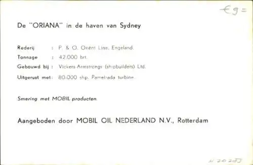 Ak Passagierschiff Oriana im Hafen von Sydney, P&O, Mobil Oil Nederland