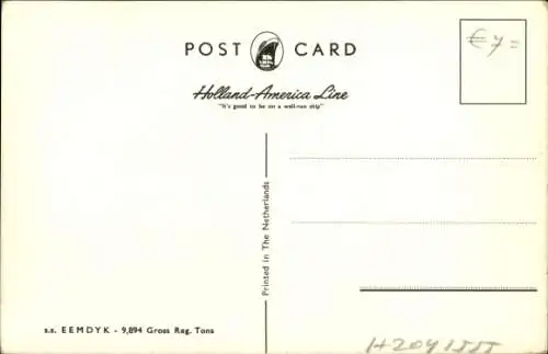 Ak Dampfschiff SS Eemdyk, Holland-America Line, HAL