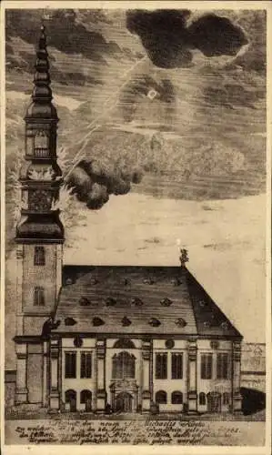 Künstler Ak Hamburg, Die erste St. Michaeliskirche, Erster Brand der Kirche, 1750